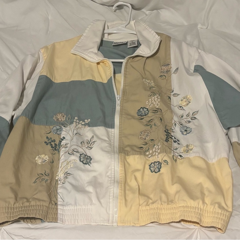 Koret Cream and Tan Bomber Jacket with Floral Embroidery